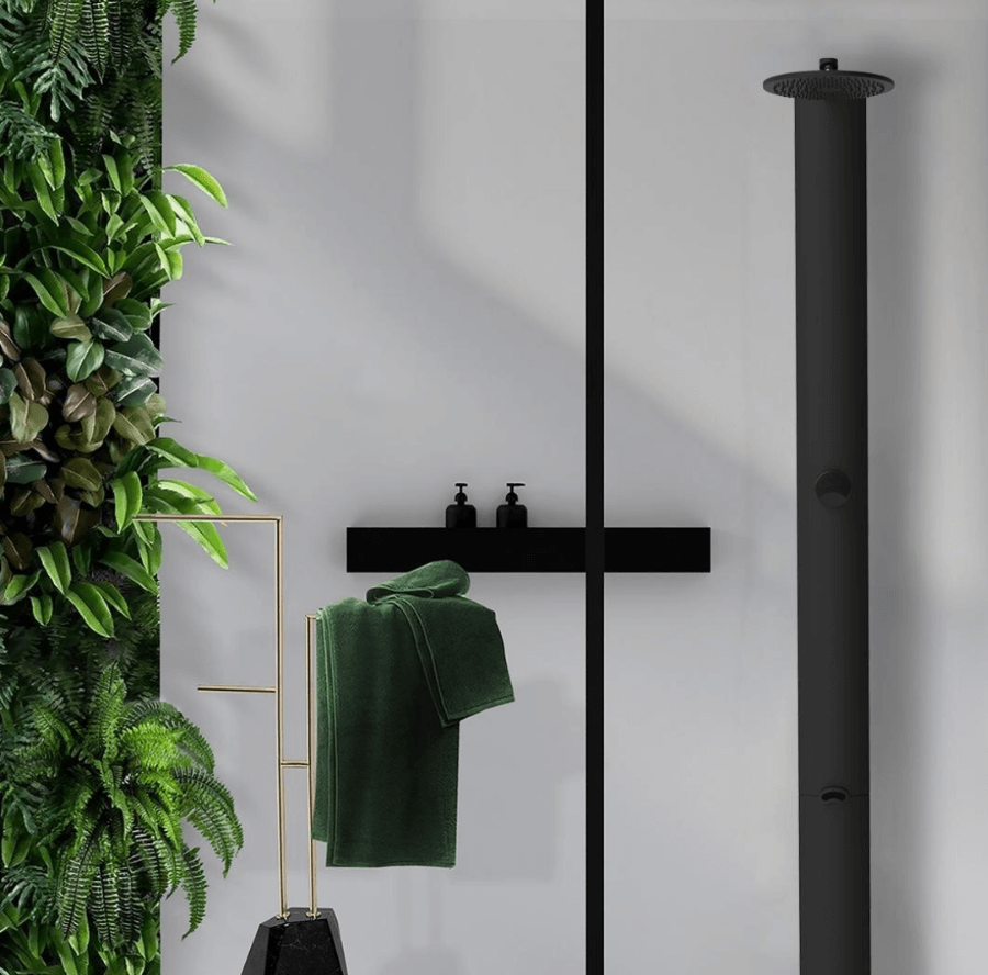 RainStick Shower in a bathroom with living green wall